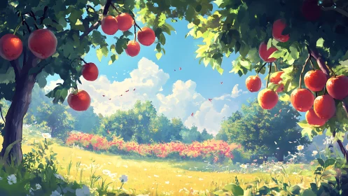 Orchard trees with red fruit over sunlit meadow landscape.