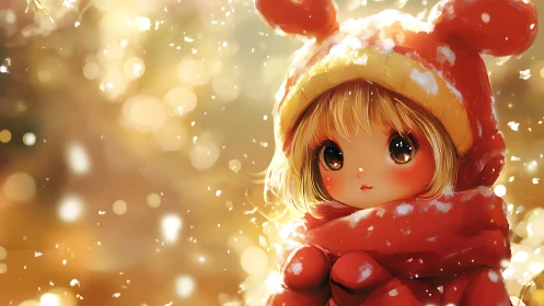 Warm bokeh winter portrait of child in red hooded scarf