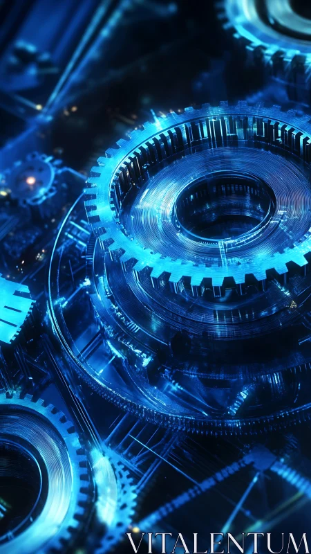 Interlocking metallic gears rotate within a blue illuminated assembly