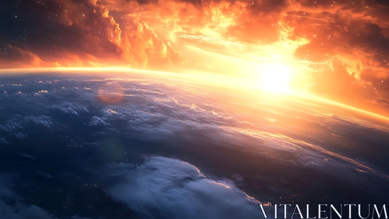 Low-orbit sunrise over cloud-laden Earth with volumetric scattering