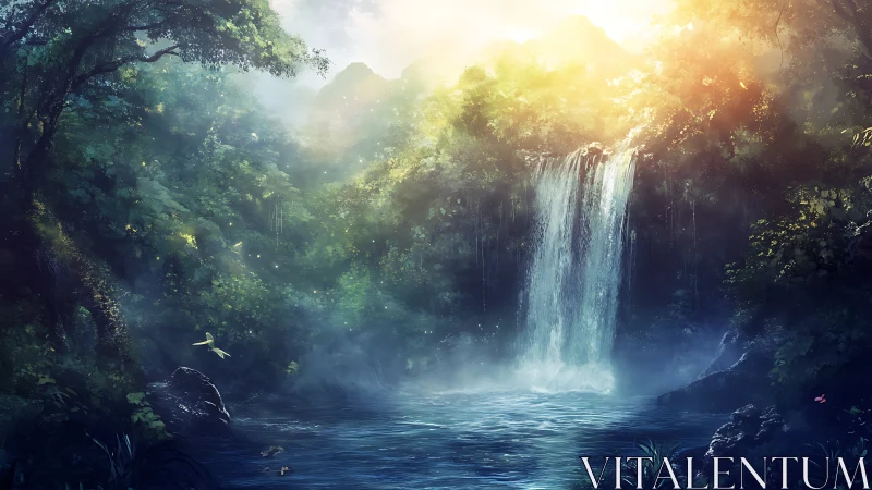 Waterfall in misty forest landscape with golden sunlight.