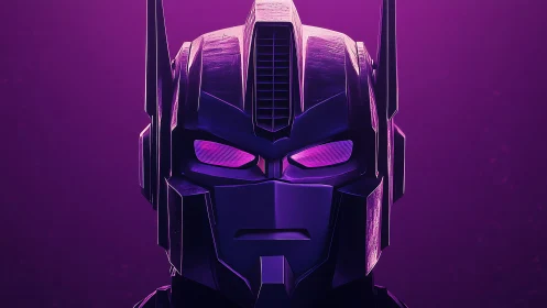 Front-facing robotic helmet in purple neon environment.