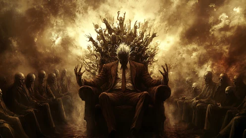 Brooding ruler sits on a fiery throne of anguished souls