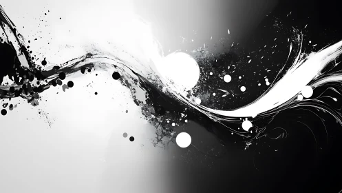 Monochrome ink wave surges across a stark divided canvas