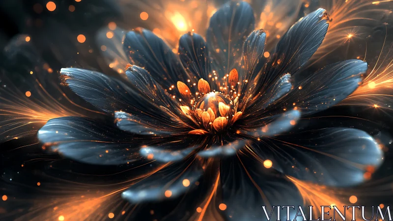 Glowing abstract flower with blue petals and orange light.