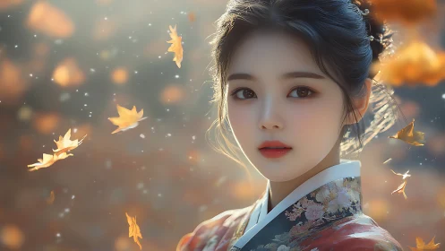 Digital portrait depicts kimono-clad woman amid falling leaves