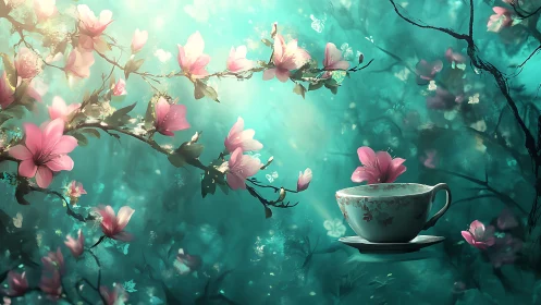 Enchanted blossom tea cup in glowing turquoise forest.