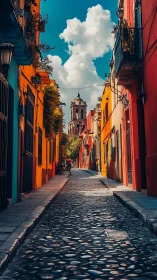 Colorful cobblestone street with old tower under clouds.
