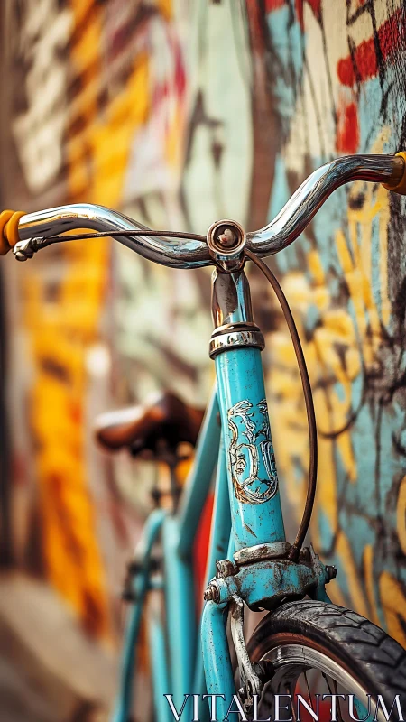 Vintage bicycle handlebars against deteriorating painted wall surface.