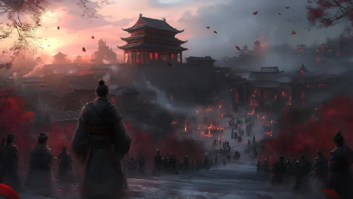 Samurai overlook a misty imperial citadel at burning dusk.