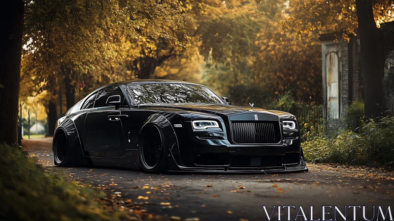 Black luxury coupe parked on tree lined autumn road.