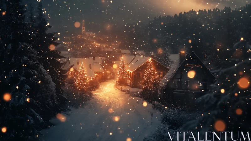 Snowy alpine village street under warm Christmas lights.