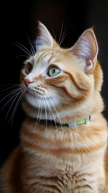 Ginger Tabby Cat Portrait with Green Collar Against Dark Background.