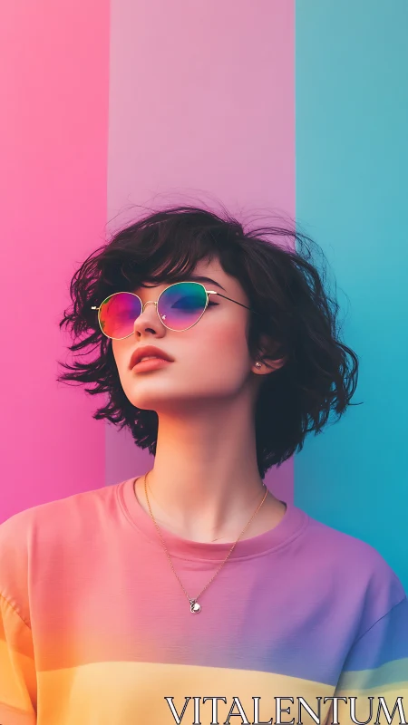Young woman in rainbow sunglasses against pastel gradient wall