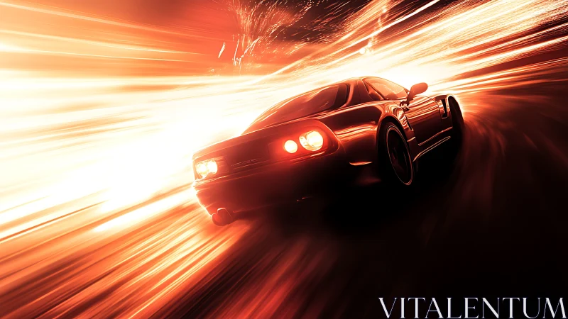 Midnight red sports car racing through glowing light trails.