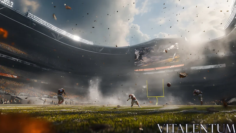 Football players stand on smoky stadium field during chaos