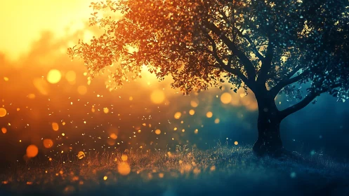 Golden dusk tree under drifting bokeh lights. Period.