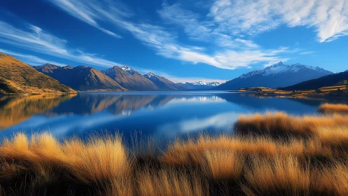 Alpine lake panorama with snow peaks and golden foreground reeds