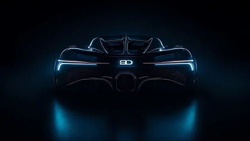 Rear-lit hypercar silhouette with neon cyan perimeter lighting.