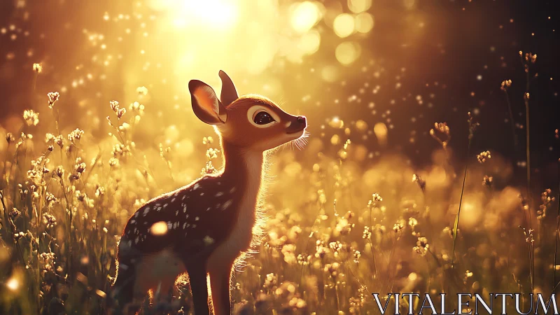 Gentle fawn bathed in golden meadow evening light glow.
