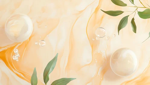 Ethereal pearl spheres with botanical accents on marble ground.