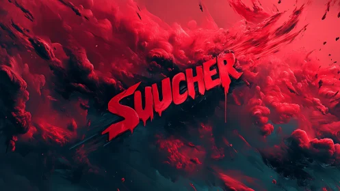 Aggressive red typographic logo bursts through turbulent digital clouds