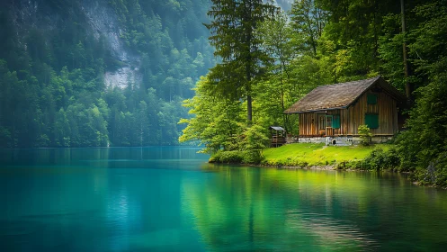 Lakeside wooden cabin amid vivid emerald forest reflections.