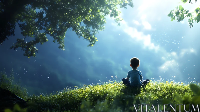 Young boy sitting on sunlit grassy hill, dreamy nature scene.
