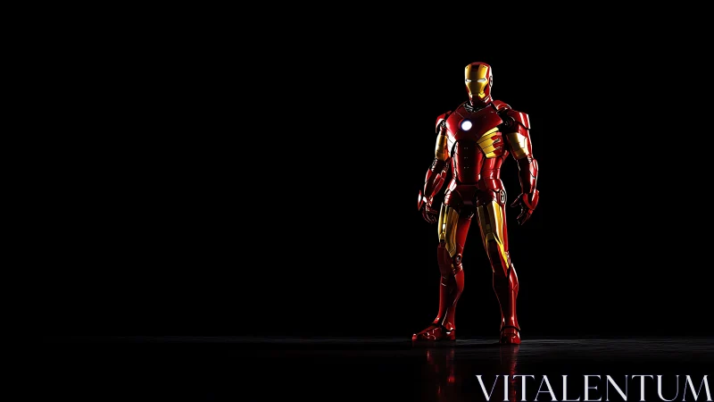 Armored superhero stands in dramatic spotlighted darkness.