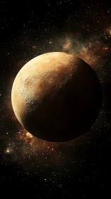 High detail rocky exoplanet with cratered surface in starfield