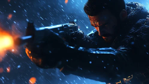 Armed soldier firing weapon in heavy night snowfall.