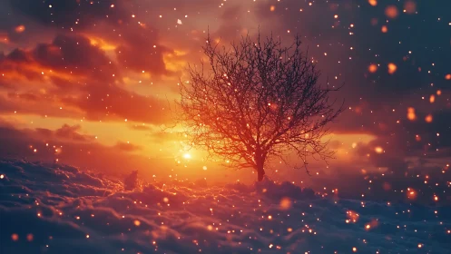 Solitary Tree Ablaze Against Luminous Sunset Sky