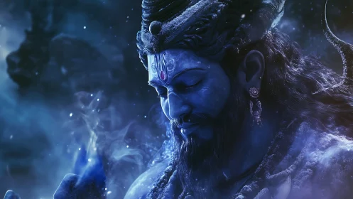 Midnight blue deity in swirling cosmic snowlit trance.