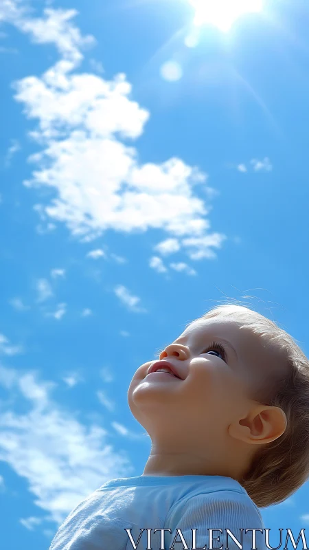 Smiling toddler looking upward under bright blue sky.