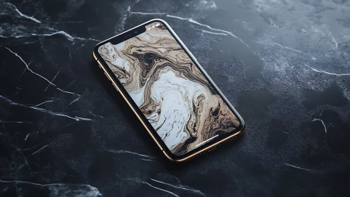 Smartphone with marble pattern display on dark stone surface.
