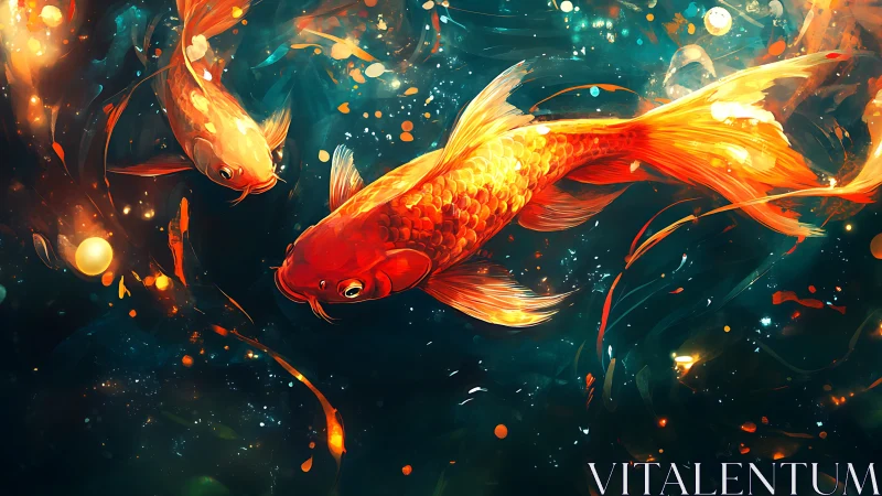 Luminous koi drift through cosmic waterlit constellations.