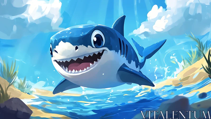 Cartoon shark swims in shallow surf with stylized lighting and foam
