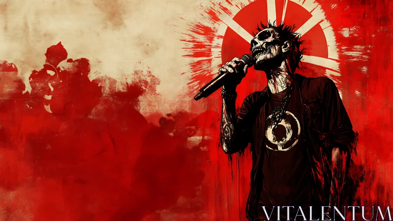 Skull-voiced rocker howls beneath bleeding sunburst halo.