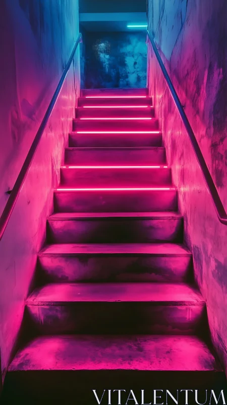Neon lit concrete staircase in moody interior corridor.