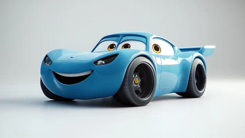 Smiling blue cartoon race car ready for playful adventures.