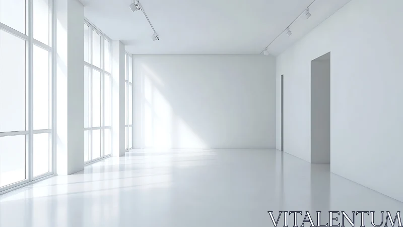 Sunlit minimal gallery interior with expansive glass walls.