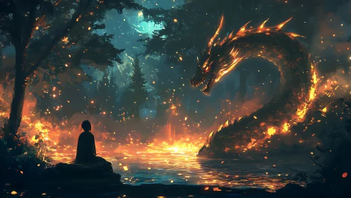 Silent lake negotiates with a coiled dragon of living embers