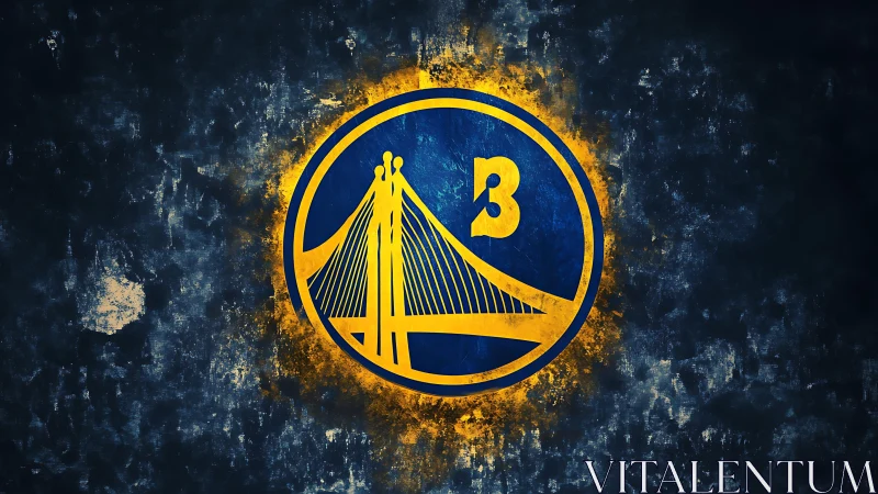 Golden bridge emblem with stylized number 3 on textured field.