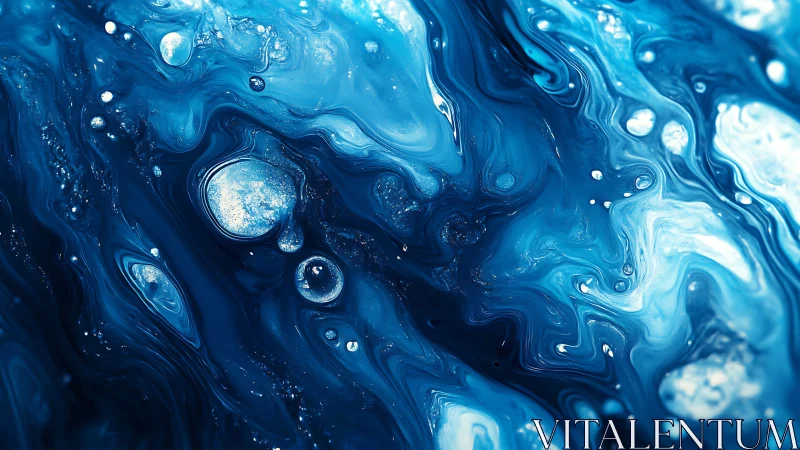 Liquid blue abstract swirls with floating luminous bubbles.