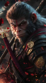 Simian warrior in ornate armor holds staff against dark sky