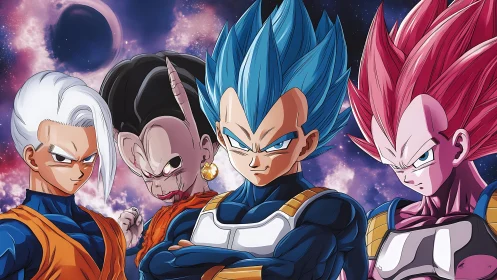 Stellar warriors posing beneath twin eclipsed moons.