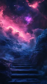 Stone stairway ascends through mist toward luminous nebula