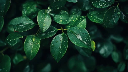 Lush green foliage with rain droplets in cinematic closeup.