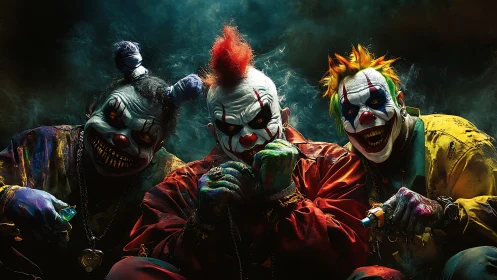 Sinister neon clowns in dark cinematic portrait.