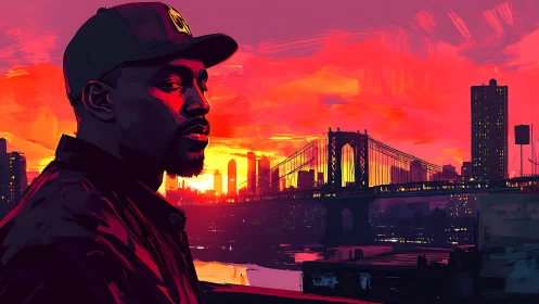 Brooding urban portrait glows against a neon city sunset